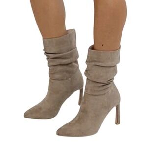 Taupe Suede Slouchy Bootie Pointed Toe Stiletto Heel Mid Calf Boots 8 1/2 8.5
